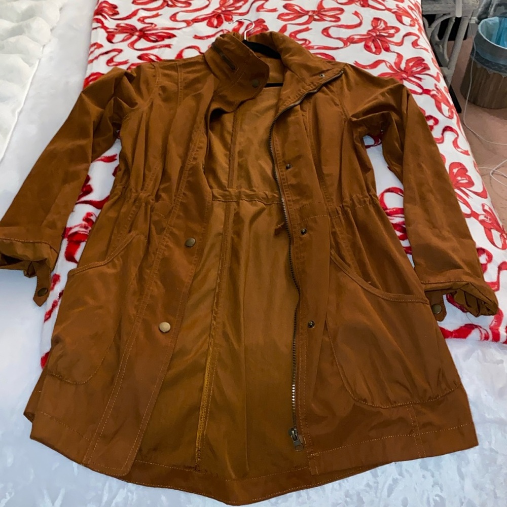 Brown full length coat with zip  hide away hood